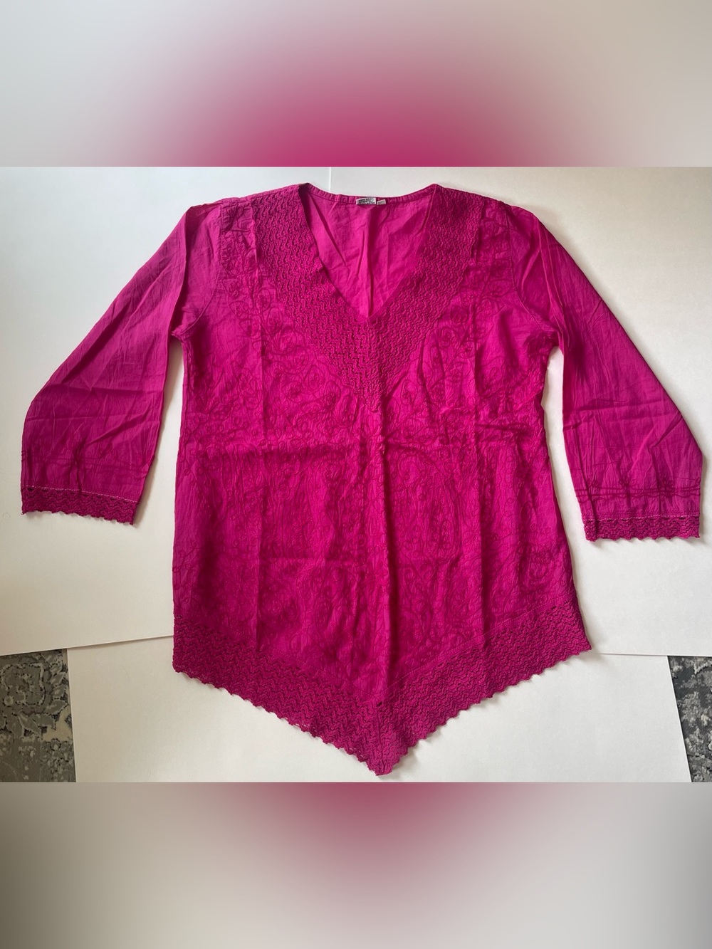 Women's Pink 100% V-Neck Embroidered Boho Tunic Top